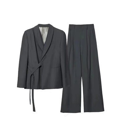 Damen Asymmetrisches Wickel-Blazer-Set mit Bindegürtel und weitem Bundfaltenhose Shop Nory
