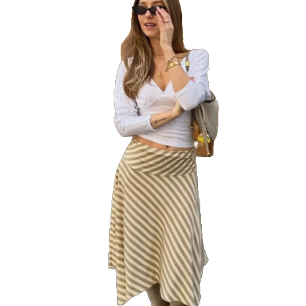 Damen Gestreifter A‑Linien Midirock mit asymmetrischem Saum und fließender Silhouette Shop Nory