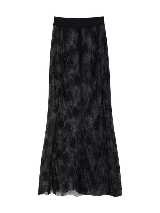 Damen Langer Spitzen‑Maxirock mit elastischem Bund und transparentem Einsatz Shop Nory