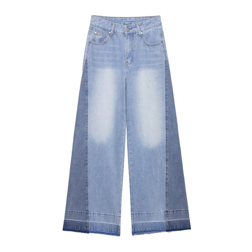 Damen weite Patchwork-Jeans mit hohem Bund, Kontrastseiten und rohem Saum Shop Nory