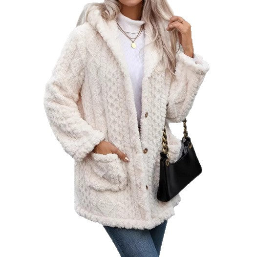 Damen angenehme und weiche Plüschjacke mit Kapuze und Taschen