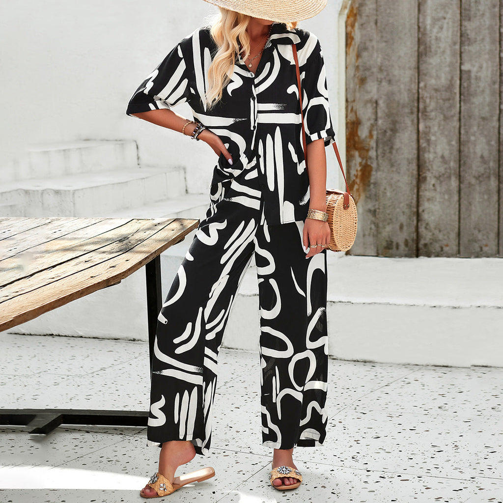 Damen luftiges Zweiteiliges Ensemble mit floralem Muster und weiten Hosen