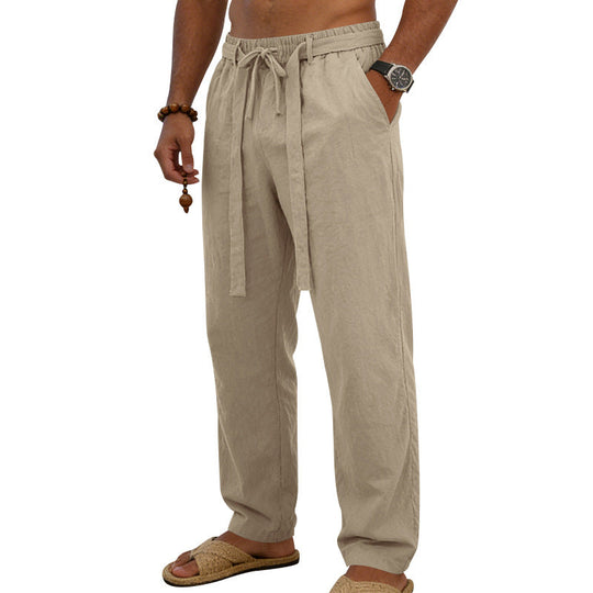 Herren nan leichte Leinen-Loungehose mit elastischem Tunnelzug, dekorativer Bundfalte und geradem Bein