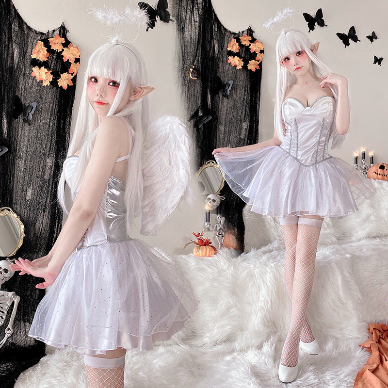 Damen Fantasy Engel-Kostüm mit transparentem Tüllrock und funkelnden Akzenten Shop Nory