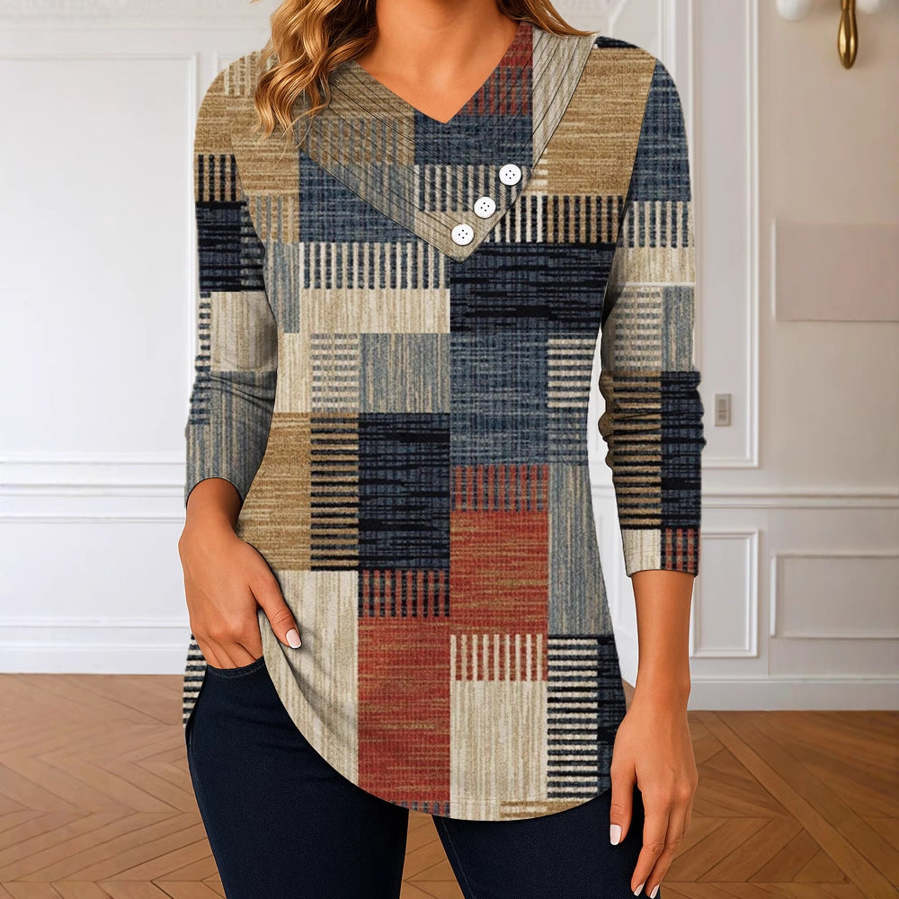 Damen Langarm-Tunika mit asymmetrischem V-Ausschnitt, Zierknopfleiste und kariertem Patchworkmuster Shop Nory