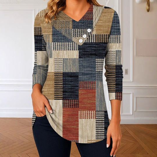 Damen Langarm-Tunika mit asymmetrischem V-Ausschnitt, Zierknopfleiste und kariertem Patchworkmuster Shop Nory