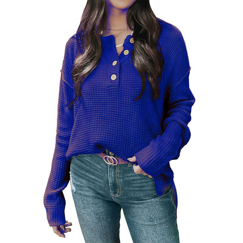 Damen nan lockerer Waffelstruktur Henley Pullover mit Knopfleiste und überschnittener Schulter Shop Nory