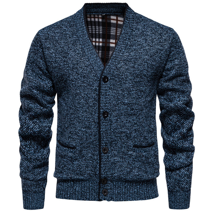 Herren Strukturierter V-Ausschnitt Strickcardigan mit kontrastierter Kante und kariertem Innenbesatz Shop Nory