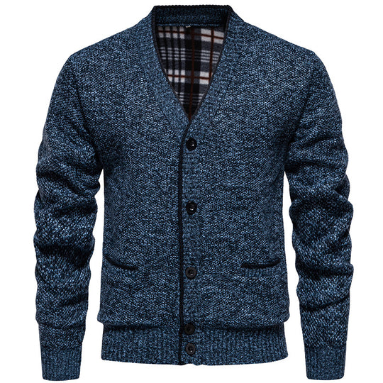 Herren Strukturierter V-Ausschnitt Strickcardigan mit kontrastierter Kante und kariertem Innenbesatz Shop Nory