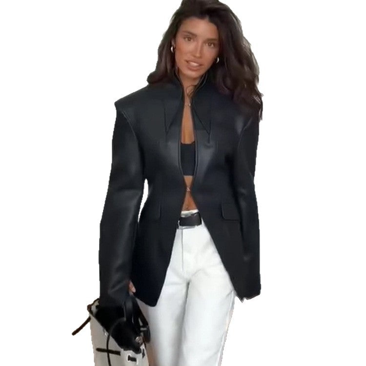 Damen taillierter Veganleder‑Blazer mit sculpted Nähten und Stehkragen Shop Nory
