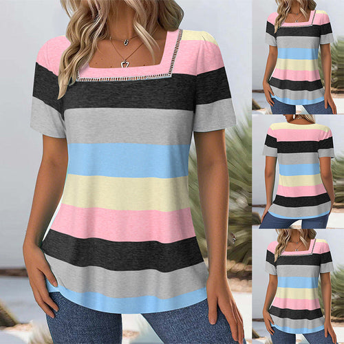Damen T-Shirt mit modernem Streifenmuster und dekorativem Rundhalsausschnitt