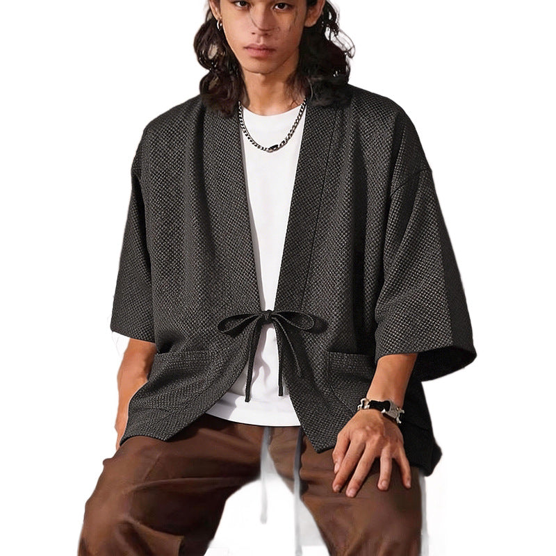 Herren Lockerer Kimono-Cardigan aus strukturierter Baumwollmischung mit kurzem Ärmel und Bindeband Shop Nory