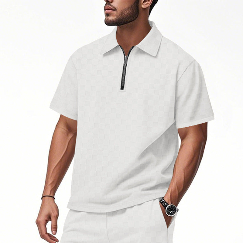 Herren nan kurzes Halbzip-Poloshirt aus strukturierter Waffelpiqué mit Hemdkragen und figurbetonter Passform Shopnory