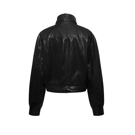 Damen kurze doppeltknöpfte Lederjacke mit Stehkragen und Taillengürtel Shop Nory