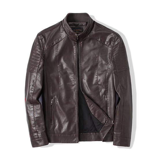 Herren schlanker Kunstleder-Moto-Blouson mit ergonomischen Nähten und Stehkragen Shop Nory