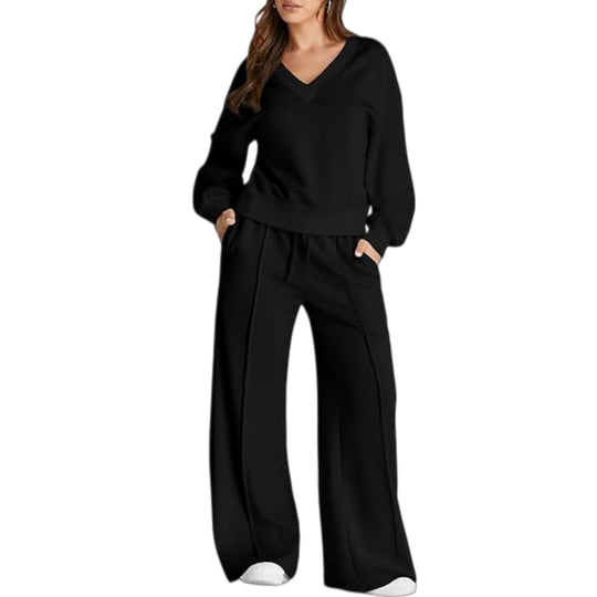 Damen Lässiges V-Ausschnitt Freizeit-Set mit weiter Jogginghose Shop Nory