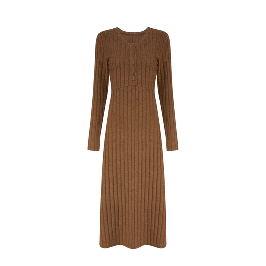 Damen Geripptes Maxi-Strickkleid mit Taillennaht und Knopfleiste Shop Nory