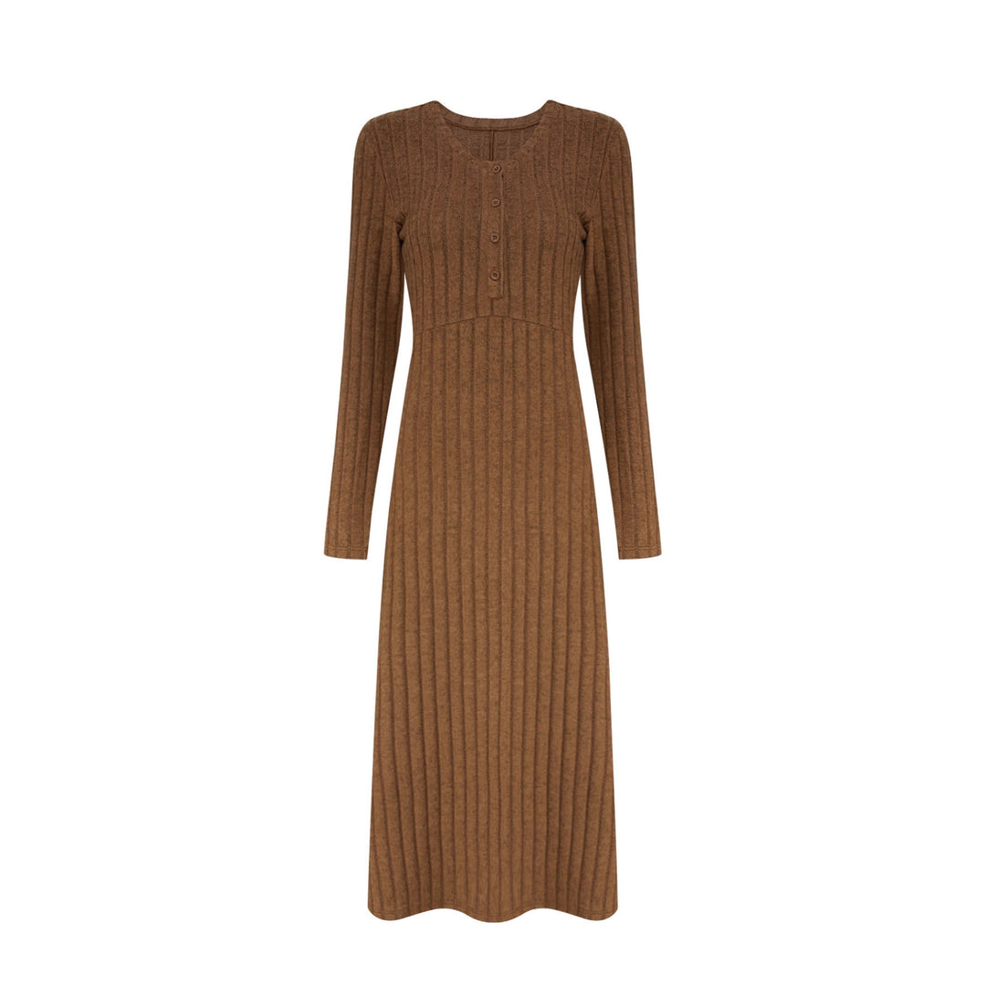 Damen Geripptes Tailliertes Maxikleid mit Knopfpatent und Rundhalsausschnitt Shop Nory