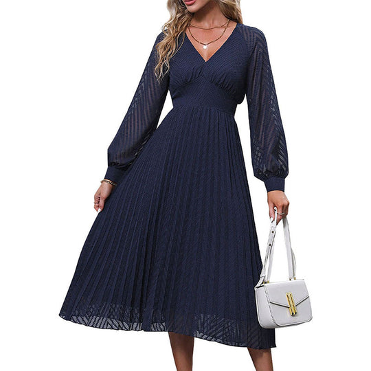 Damen Plissiertes Midikleid mit V-Ausschnitt, tailliertem Bund und transparenten Ballonärmeln Shop Nory
