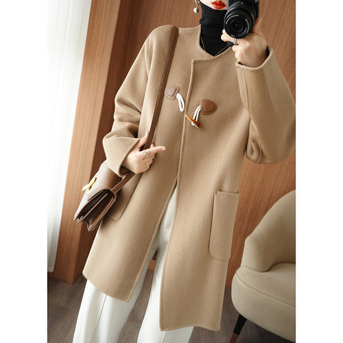 Damen Midilanger Wollmixmantel mit KnShop Noryelverschlüssen, kastiger Silhouette und aufgesetzten Taschen Shop Nory