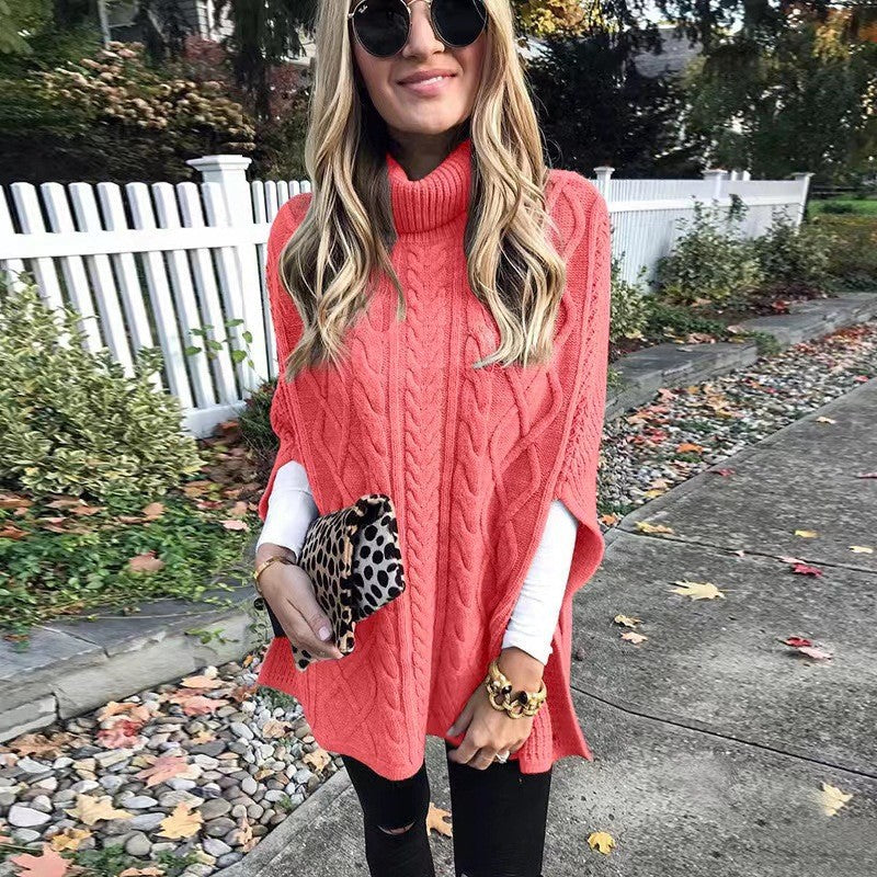 Damen nan kastiger Strickponcho mit hohem Rollkragen, Zopfstruktur und seitlichen Schlitzen Shop Nory