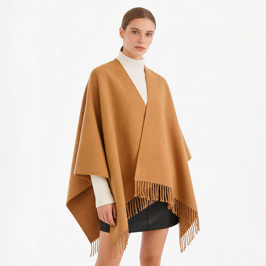 Damen Reversloser Oversize-Capeponcho mit V‑Ausschnitt, Wollmix und Fransensaum Shop Nory