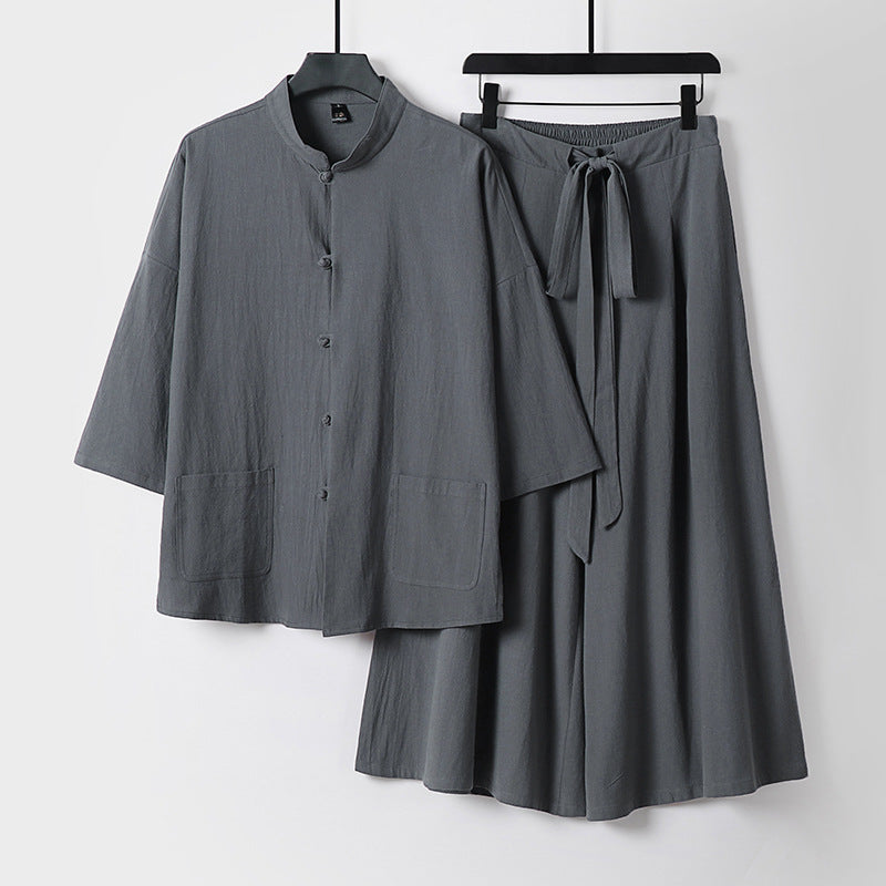 Damen Zweiteiliges Leichtes Lounge-Set mit Stehkragen, Kurzarm-Jacke und weitem Palazzo-Hosenrock Shop Nory