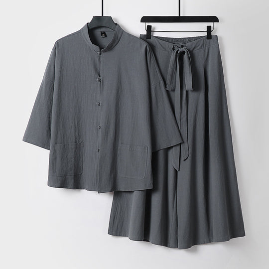 Damen Zweiteiliges Leichtes Lounge-Set mit Stehkragen, Kurzarm-Jacke und weitem Palazzo-Hosenrock Shop Nory