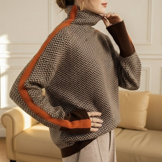 Damen Feinstrickpullover mit geometrischem Jacquardmuster, Stehkragen und Kontrastband Shop Nory
