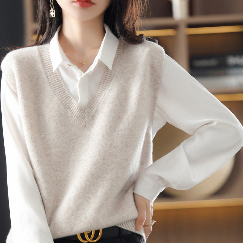 Damen Ärmellose Strickweste mit V-Ausschnitt und Feiner Textur