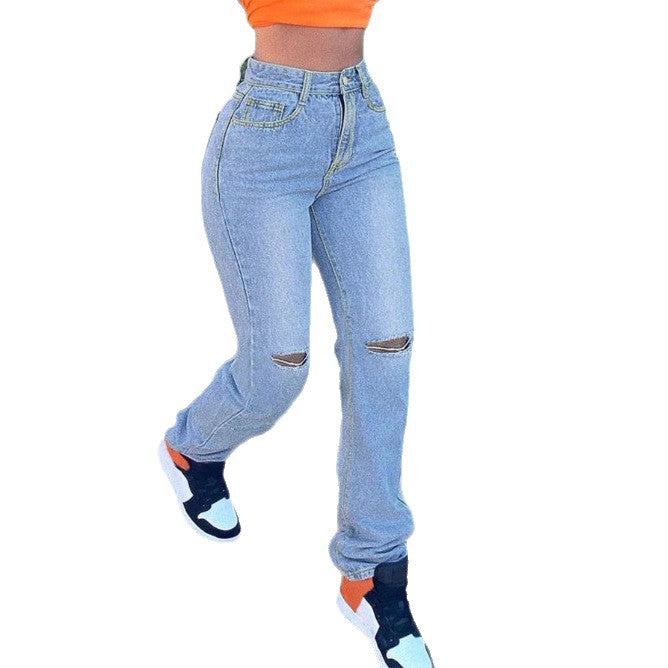 Damen hochtaillierte Jeans mit geradem Bein, Knie‑Rips und gestapeltem Saum Shop Nory
