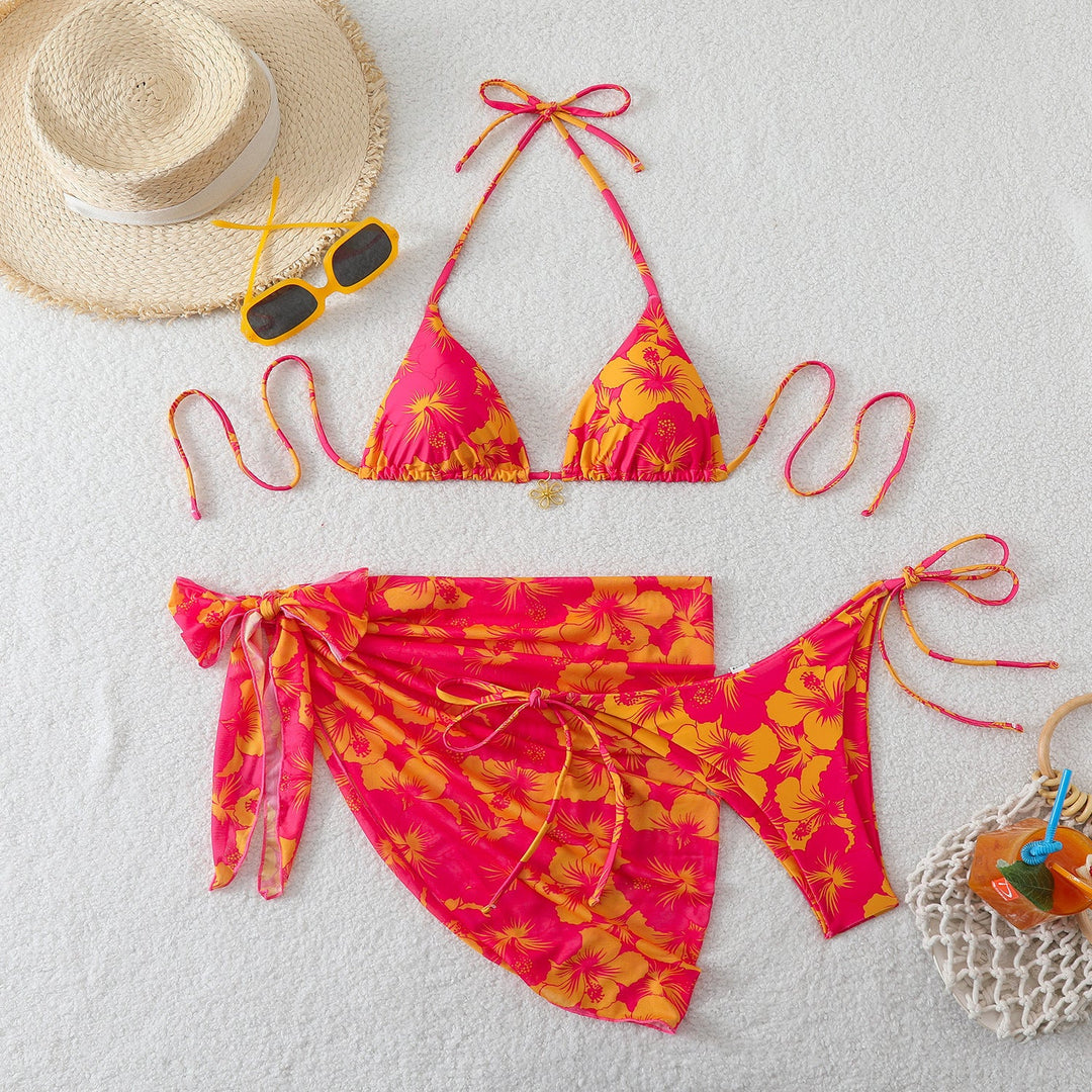 Damen Triangel-Bikini-Set mit Wickelrock und floralem Design