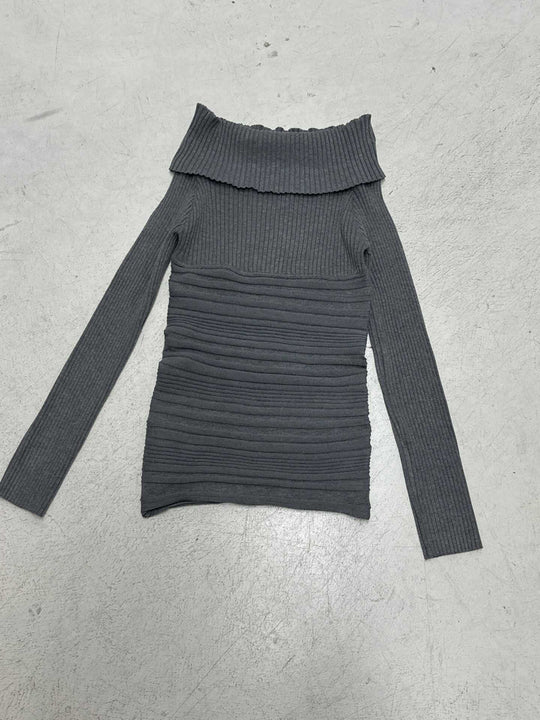 Damen nan schulterfreies figurbetontes Rippenstrick-Kleid mit Umschlagkragen, Längsraffung und Langarm Shop Nory