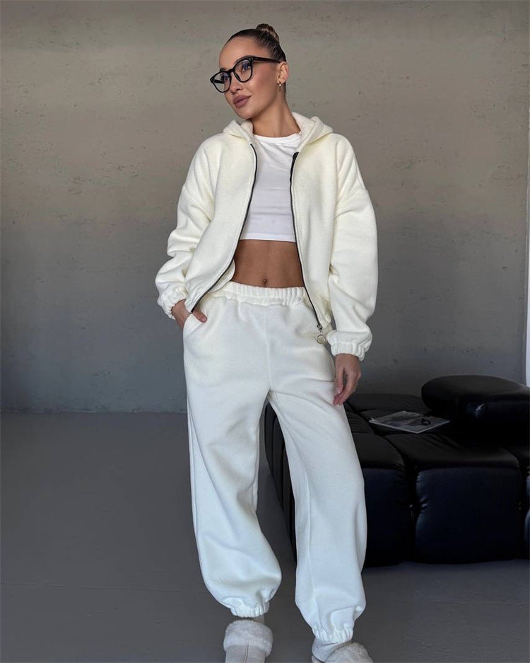 Damen kuscheliges Fleece-Hoodie und Jogginghose Lounge-Set mit Reißverschluss Kapuze elastischem Bund Shop Nory