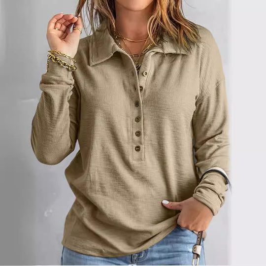Damen Geripptes Langarm-Polohemd mit Knopfleiste und Hemdkragen Shop Nory