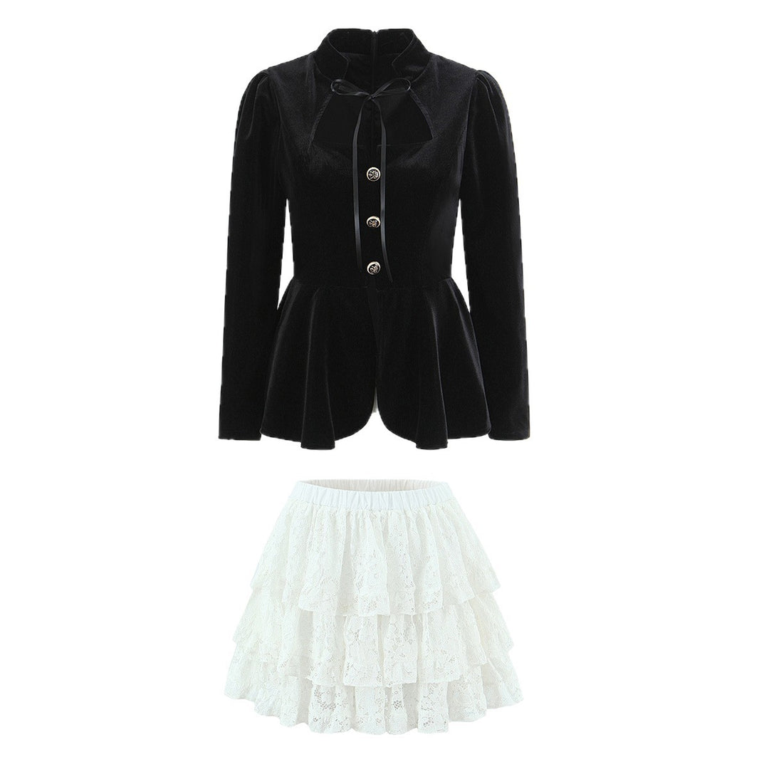 Damen Zweiteiliges Samt‑Schößchenblazer und Stufen‑Spitzenrock Set Shop Nory