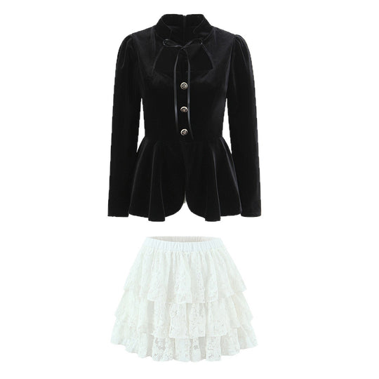 Damen Zweiteiliges Samt‑Schößchenblazer und Stufen‑Spitzenrock Set Shop Nory