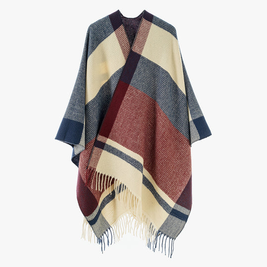 Damen Wollmix-Capeponcho mit V‑Ausschnitt, Blockstreifen und Fransen Shop Nory