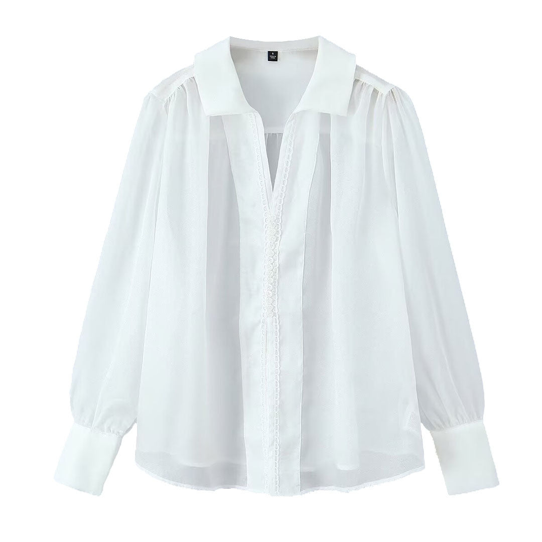 Damen Transparente Chiffon-Bluse mit Volumenärmeln, Spitzenbesatz und breiten Manschetten Shop Nory