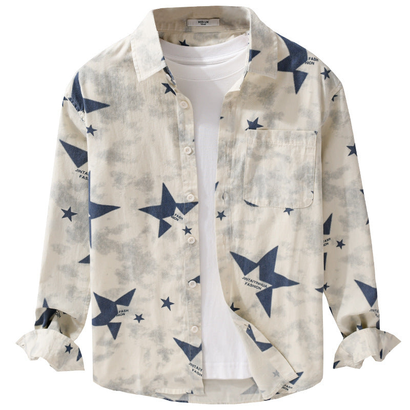 Herren Lockeres Baumwoll-Blend Overshirt mit Stern-Print und Brusttasche Shop Nory