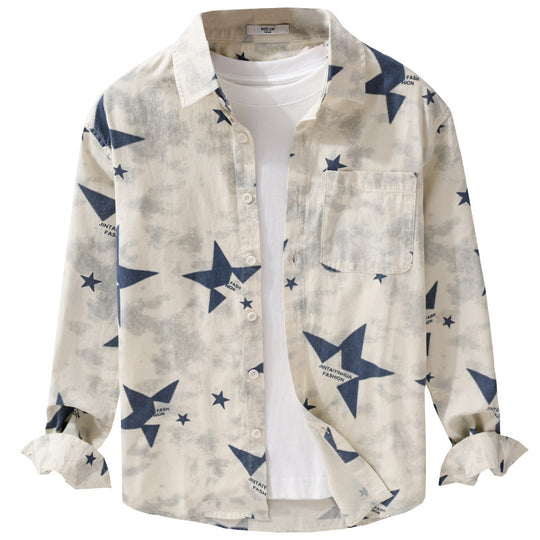 Herren Lockeres Baumwoll-Blend Overshirt mit Stern-Print und Brusttasche Shop Nory