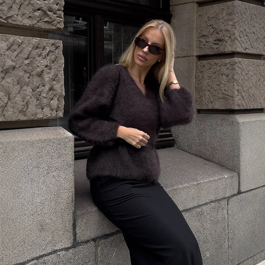 Damen Flauschiger Mohair-Pullover mit Ballonärmeln und leichtem Cropped-Schnitt Shop Nory