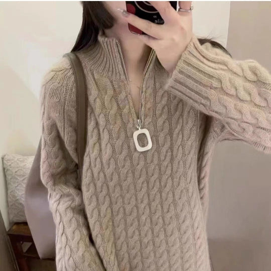 Damen Oversize Zopfmuster-Feinstrickpullover mit halbem Zipper und Stehkragen Shop Nory