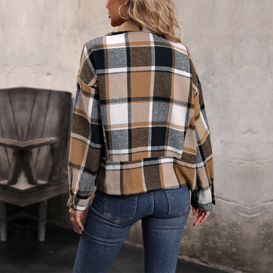 Damen Modische Karo Jacke mit Kragen Shop Nory