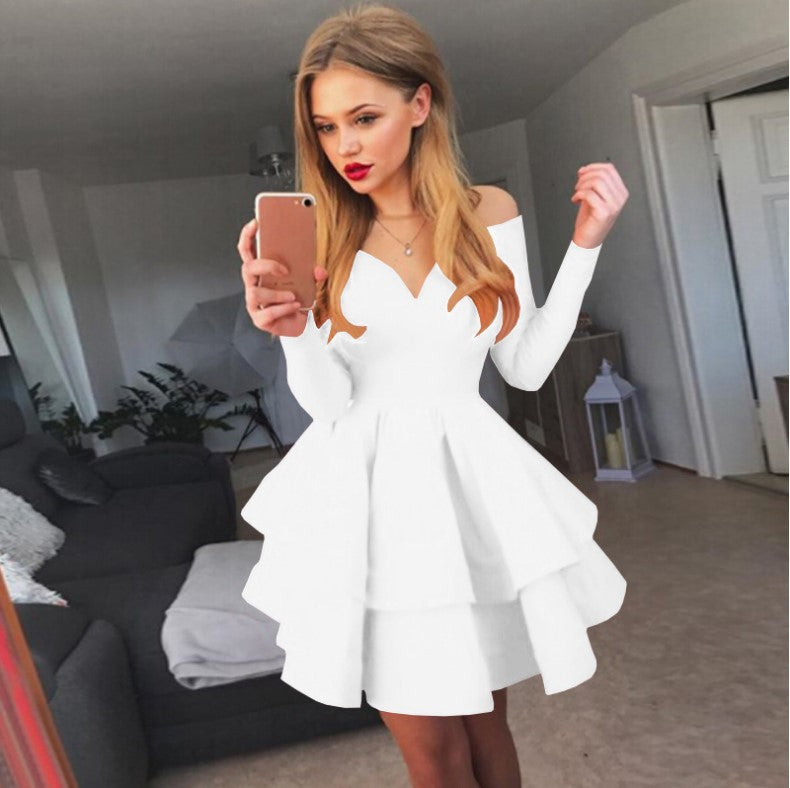 Damen Verspieltes schulterfreies Cocktailkleid mit Volants und tiefem V-Ausschnitt