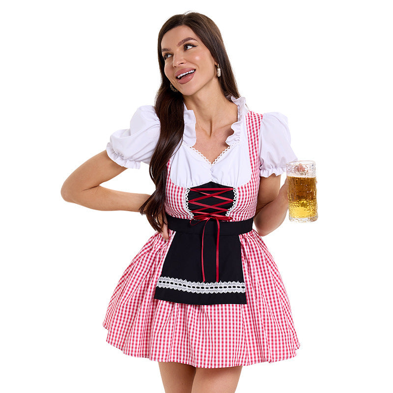 Damen nan kurzes kariertes Trachten Dirndl mit Schnürung Puffärmel und Schürze Shop Nory