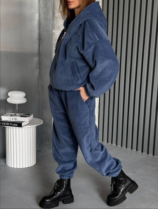 Damen Plüsch-Loungewear-Set mit Reißverschluss-Kapuzenjacke und taillenhoher Jogginghose Shop Nory