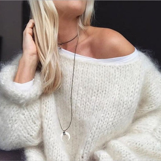 Damen Kurzgeschnitteter flauschiger Grobstrickpullover mit überschnittener Schulter Shop Nory