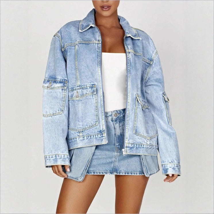 Damen Oversize Utility-Denimjacke mit großen Pattentaschen und Reißverschluss Shop Nory
