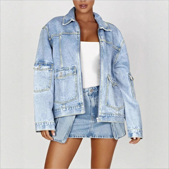Damen Oversize Utility-Denimjacke mit großen Pattentaschen und Reißverschluss Shop Nory